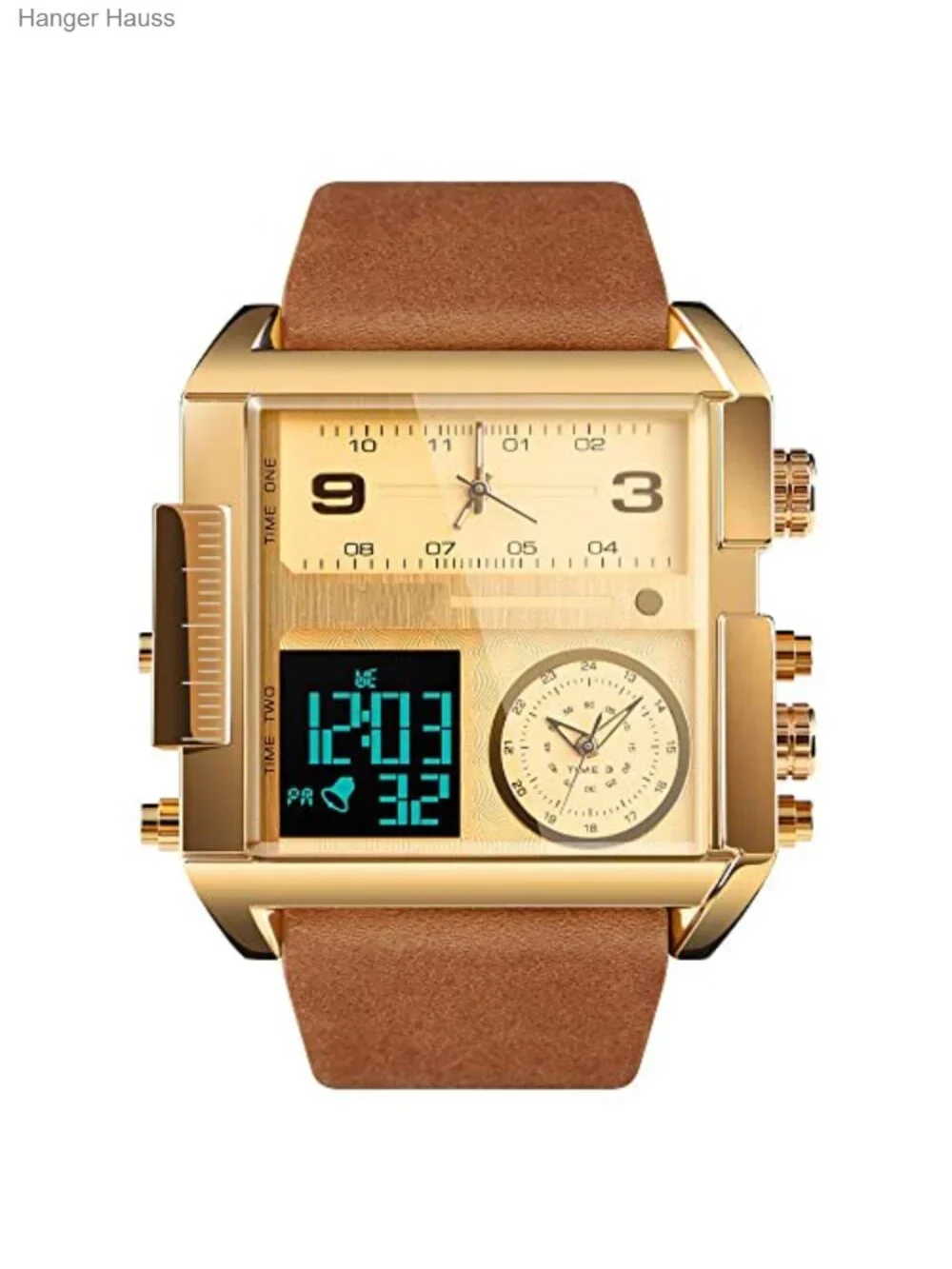 Men's Square Large Face Analog Digital Sport Watch Leather Band Chronograph